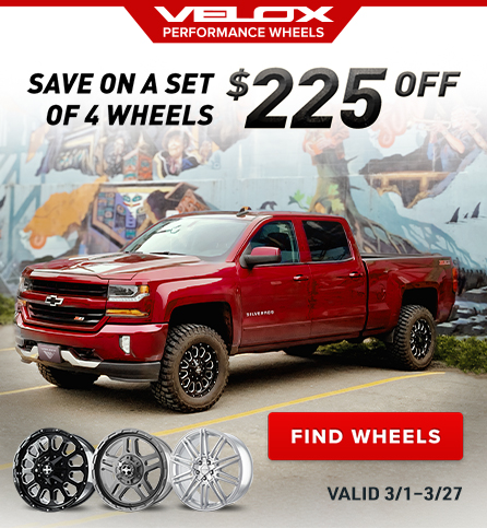 Save on a set of 4 Wheels $225 Off. Valid 3/1 - 3/27.